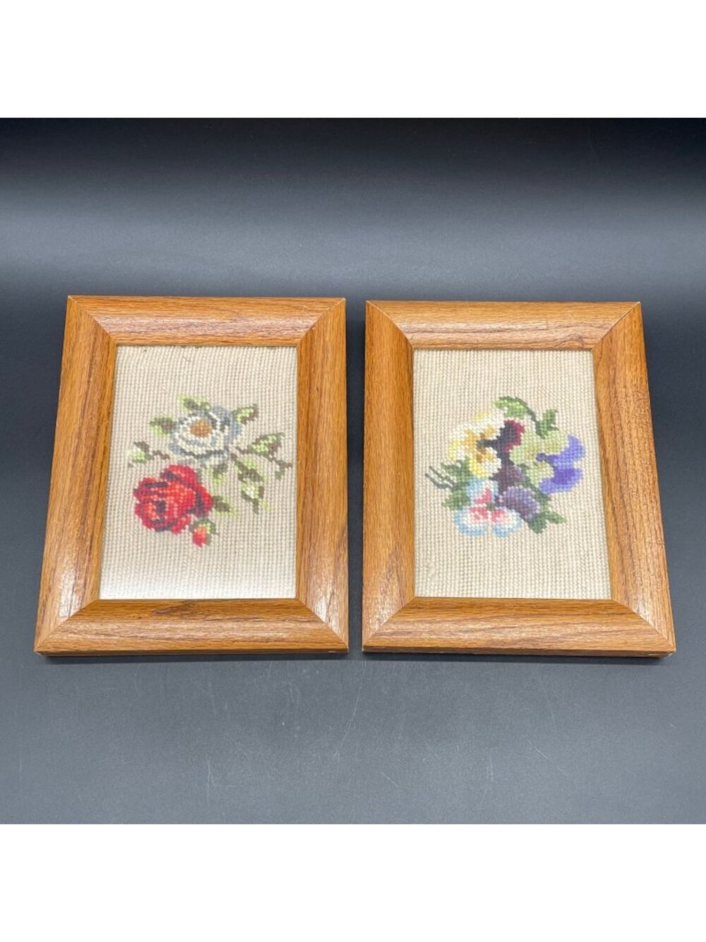 Vintage Framed Needlepoint Art Floral Pansy Rose Flowers Handmade Cottage Granny